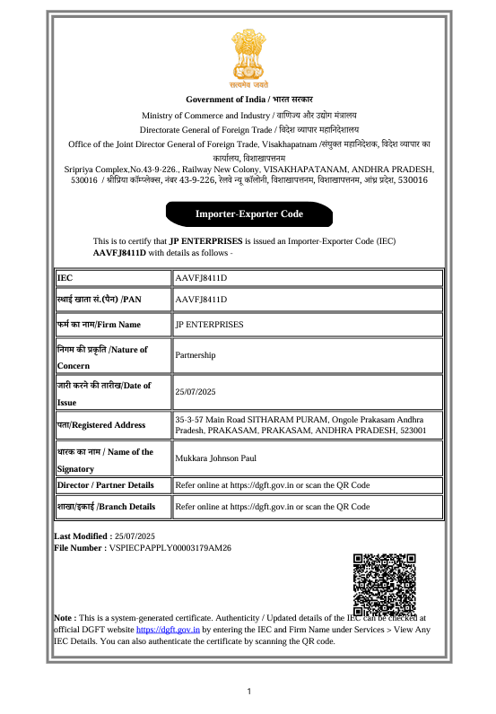 JP ENTERPRISES Importer Exporter Code Certificate